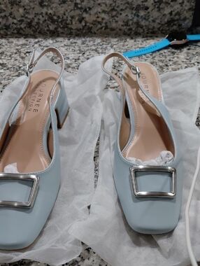 Journee Collection Light Blue Slingback Block Heel Pumps with Silver  Buckle9.5